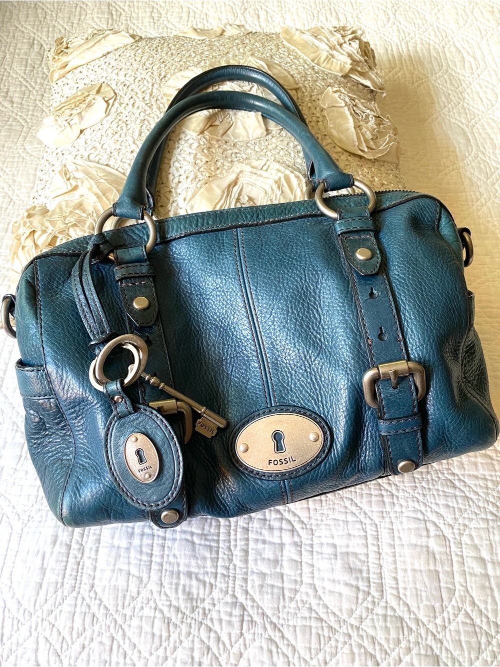 Fossil Maddox Dark Teal Blue Leather Medium Size Zip Top Handbag Purse Key Fob